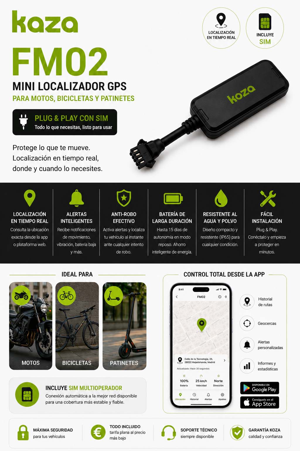 Mini localizador GPS para motos, bicicletas y patinetes CDPFM02 (plug and play) con SIM