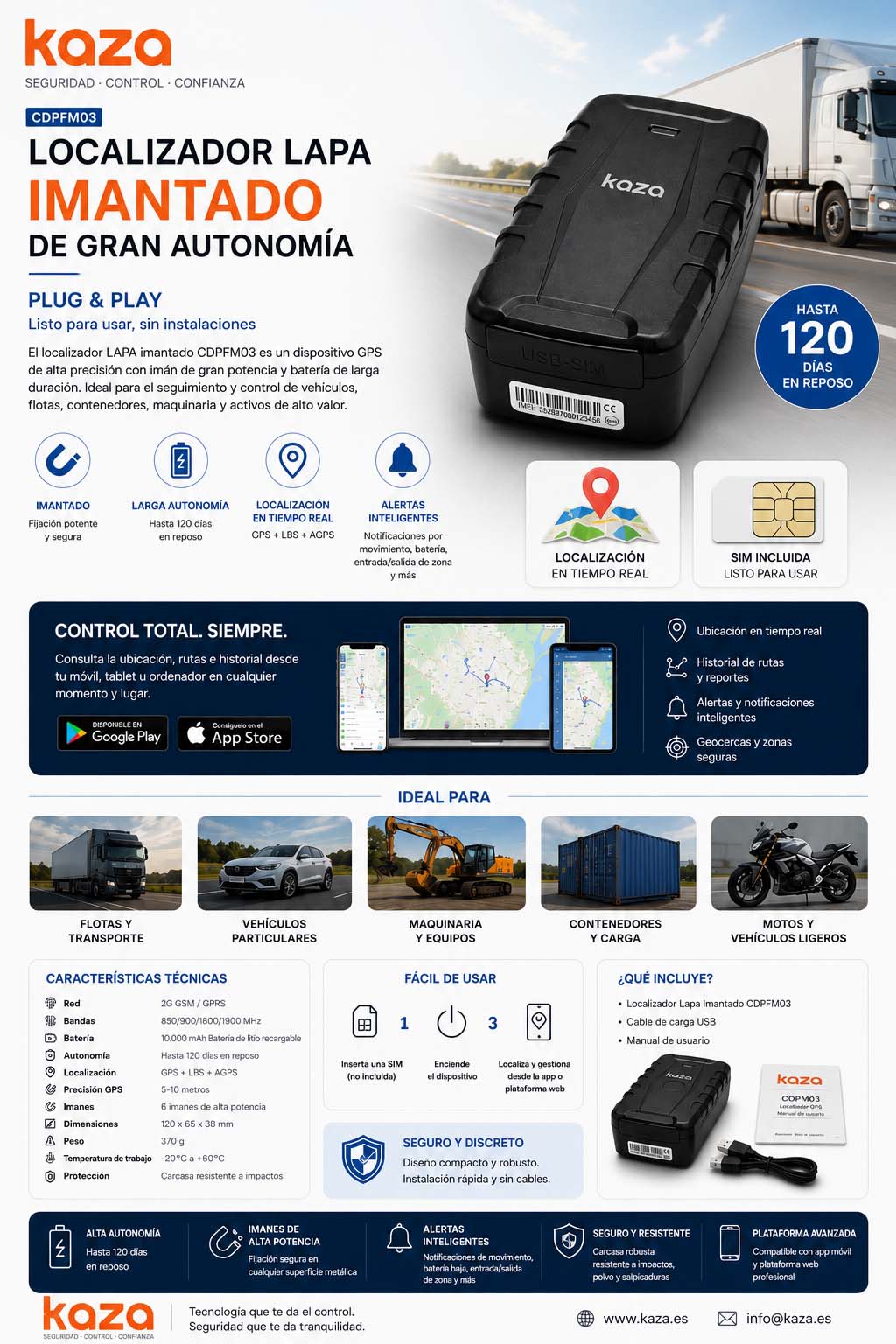Localizador LAPA imantado de Gran Autonomía CDPFM03 (plug and play) con SIM