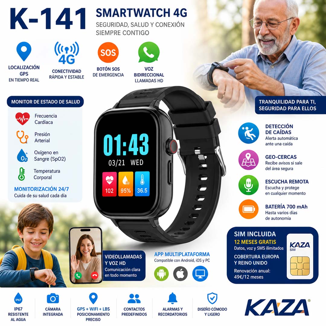 Smartwatch K-141 4G con localización GPS, monitor de estado de salud, SOS y voz bidireccional