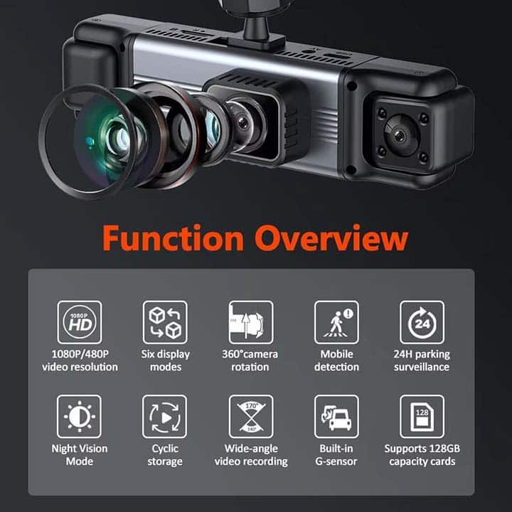 Dashcam 4K de 4 Canales WiFi con vigilancia en Parking 360 por radar de movimiento